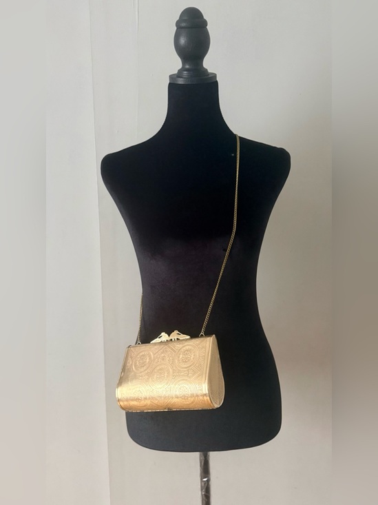 Handbags - Vintage Embossed Metal/Brass Purse clutch with Red Velvet Interior